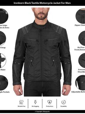 Viking Cycle Padded Motorcycle Jacket Size XXL Black Armored Vented Waterproof